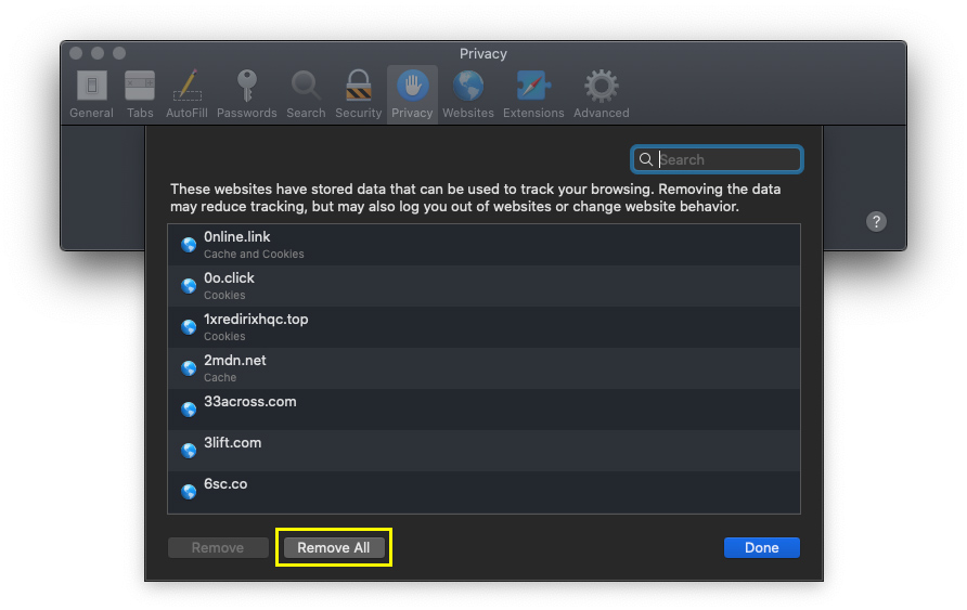 Click the Remove All Website Data button