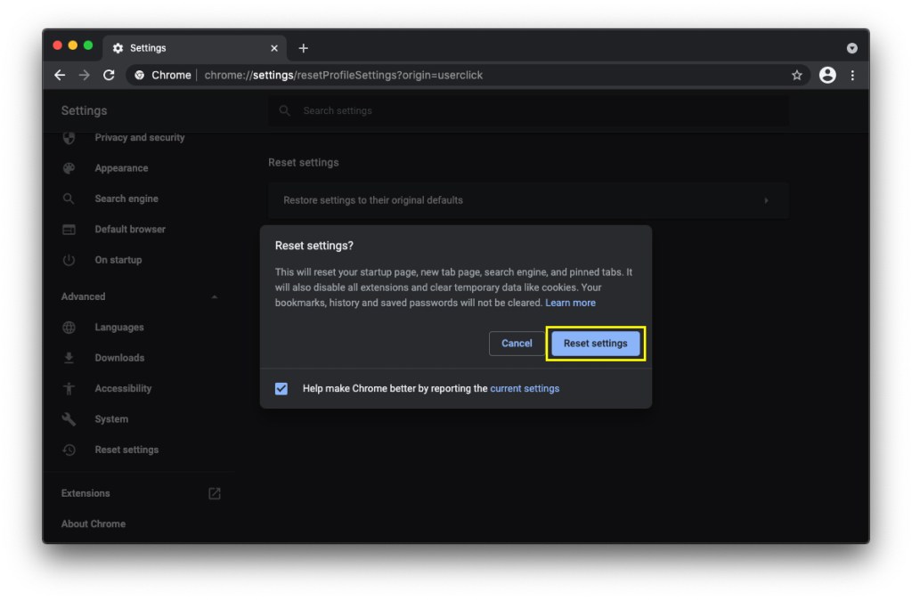 Reset settings in Google Chrome