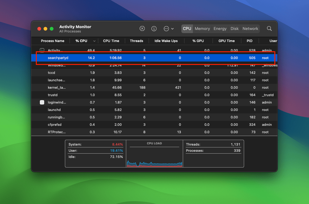 searchpartyd high CPU usage